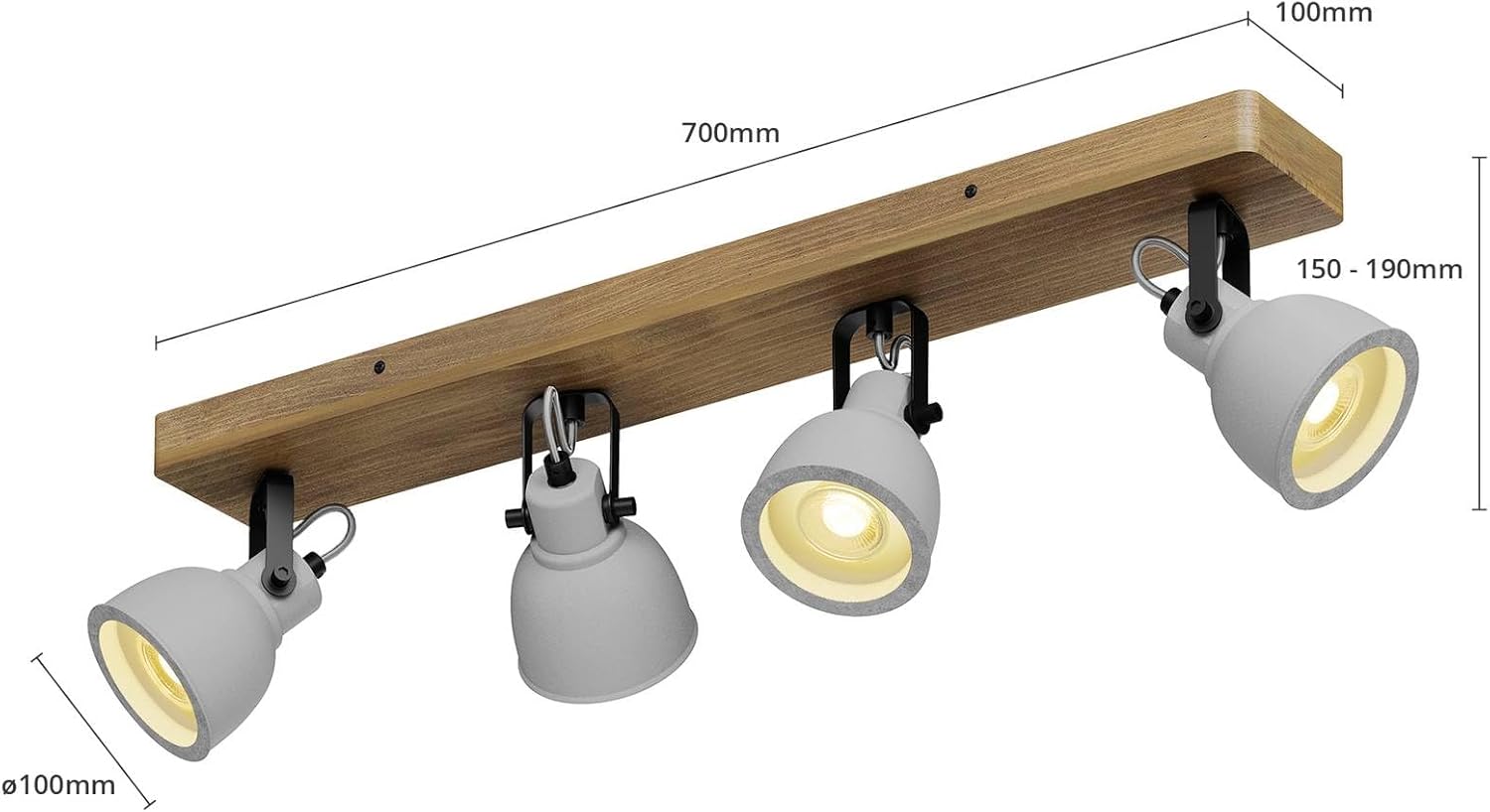 Lindby Deckenlampe Beton Kiefernholz, Deckenstrahler drehbar schwenkbar Spotbalken 4x GU10 ohne Leuchtmittel Strahler Spot Deckenleuchte Küche