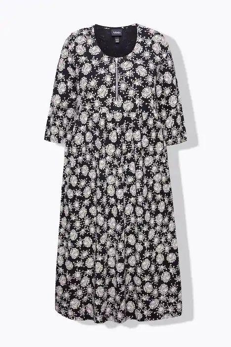 Jersey-Midikleid, Pusteblumen, Rundhals, 3/4-Arm, schwarz