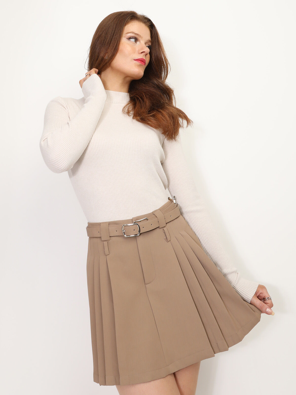 Sous pull côtelé à col montant- Beige