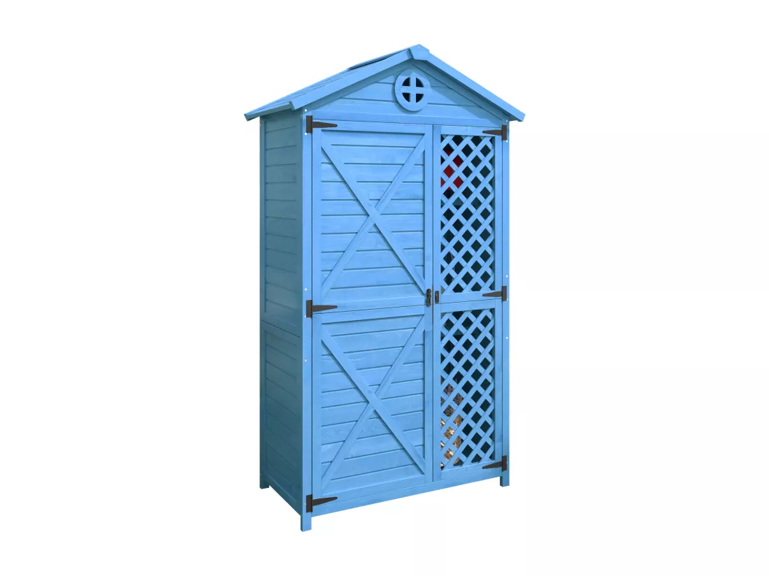 Abri de jardin en bois massif avec toit pente résistant aux intempéries - 2 portes 3 étagères - 90 x 56.5 x 175.3 cm - Bleu