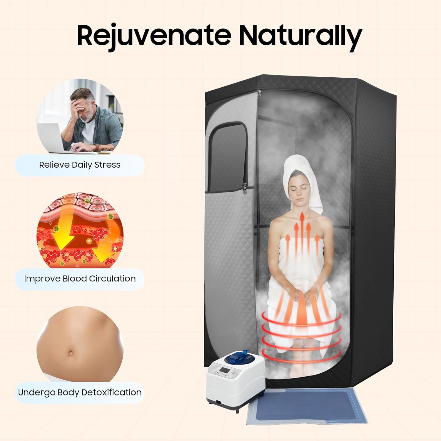 Dampfsauna Tragbar 230V mit Saunazelt Dampferzeuger Klappstuhl 1350W Mobile Sauna Zelt mit Fernbedienung Sauna Indoor Dampfsauna für zuhause Heimsauna 3L-Wassertank 9-Temperaturstufen 5-60min-Timer
