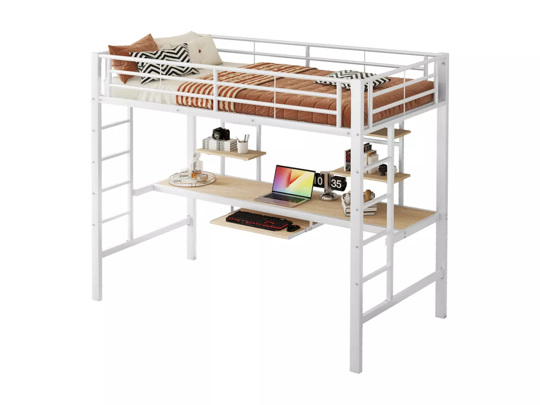 Lit mezzanine 90x200cm - avec bureau et étagères - cadre en métal - Blanc
