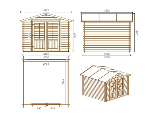 Abri de jardin en bois - 3x3 m + terrasse avec balustrade et avant-toit en bois - 18 m2 - Traité - DOM427+DOM539+DOM540+POD05 - ALTANKA