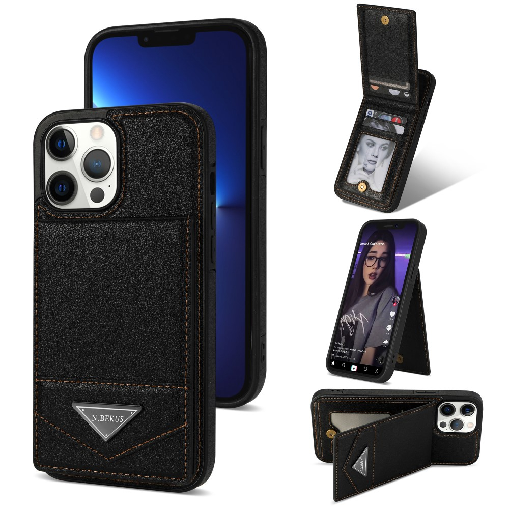 iPhone 15 Pro Max Hybrid Leder Hardcase Hülle mit Kartenfächer mit Aufsteller (RFID Schutz) - Schwarz