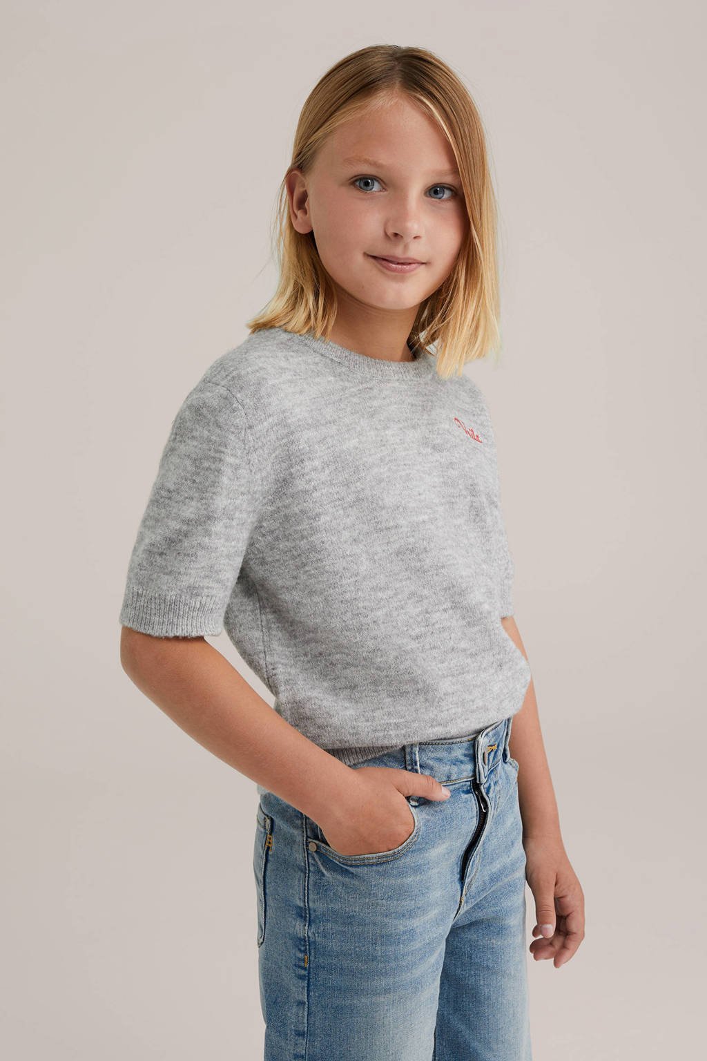 WE Fashion top grijs melange fijn gebreid