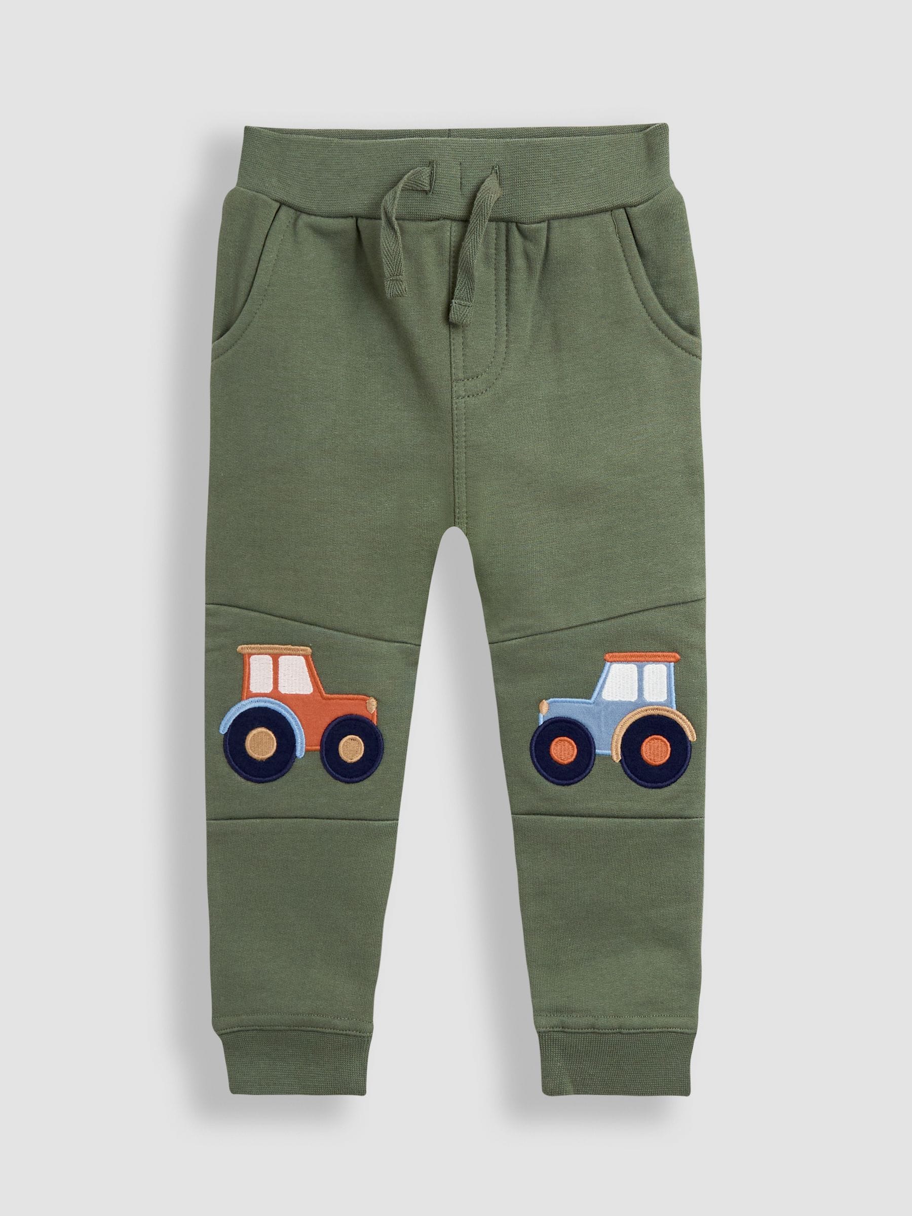 Kakigroen met tractoren - JoJo Maman Bébé 2-Pack Appliqué Knie & Effen Joggingbroeken