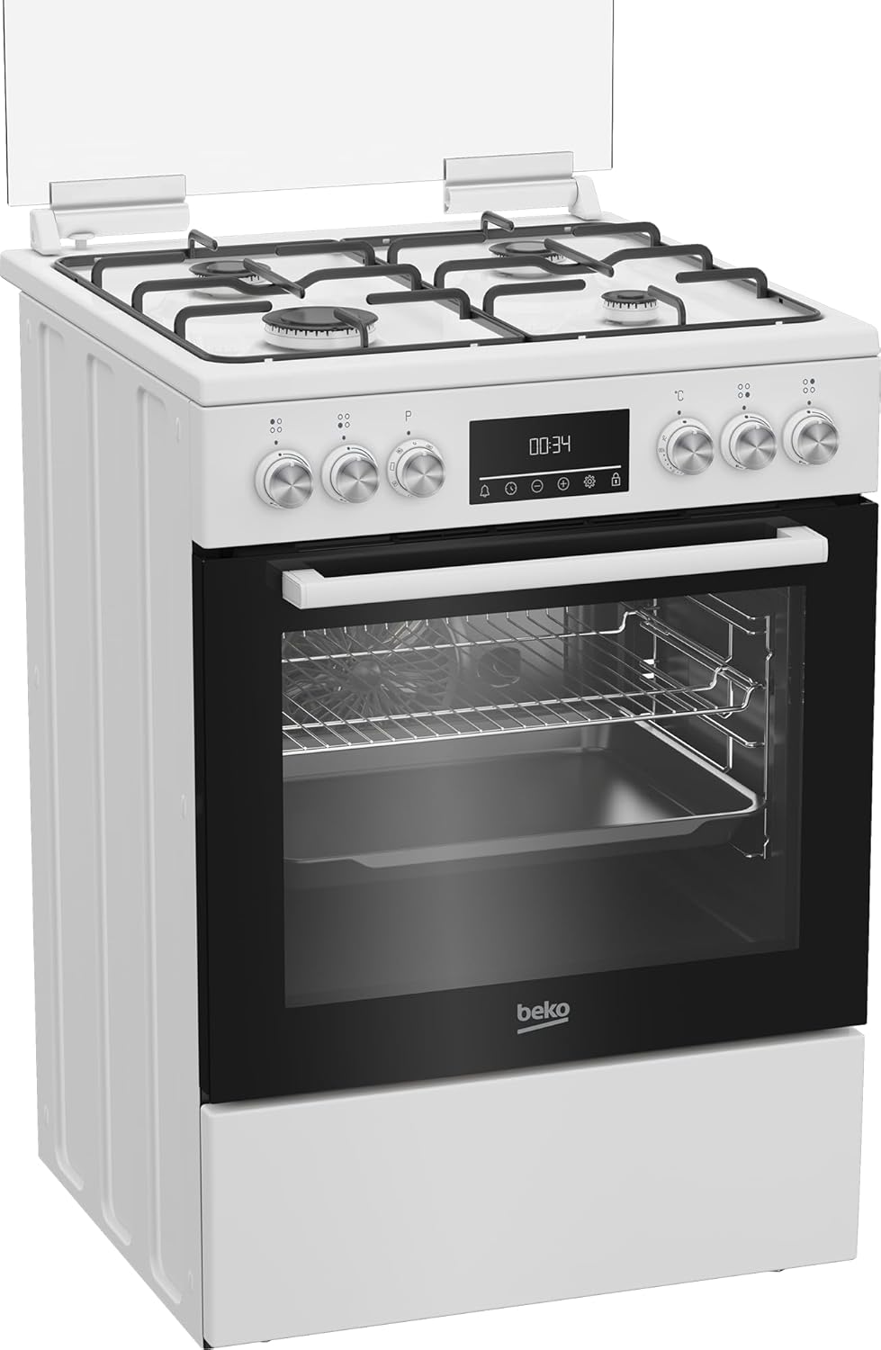 Beko FBM62320WDSL Freistehender Herd, Multifunktionsofen mit Gaskochfeld, 72 l Garraum-Volumen, 4 Kochzonen, 8 Heizarten, Seitengitter, Multifunktionsdisplay, Weiß