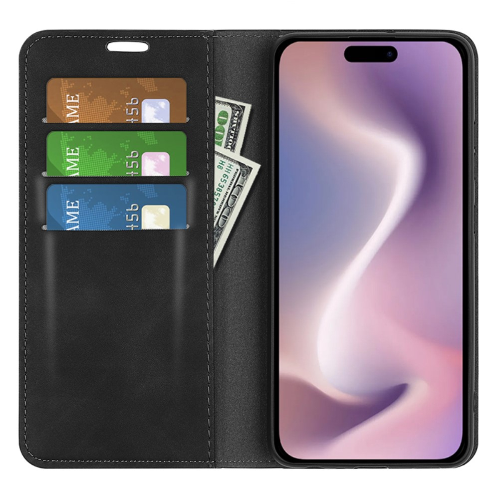 iPhone 16 Pro Vintage Leder Tasche Flip Cover Fashion Design - Schwarz