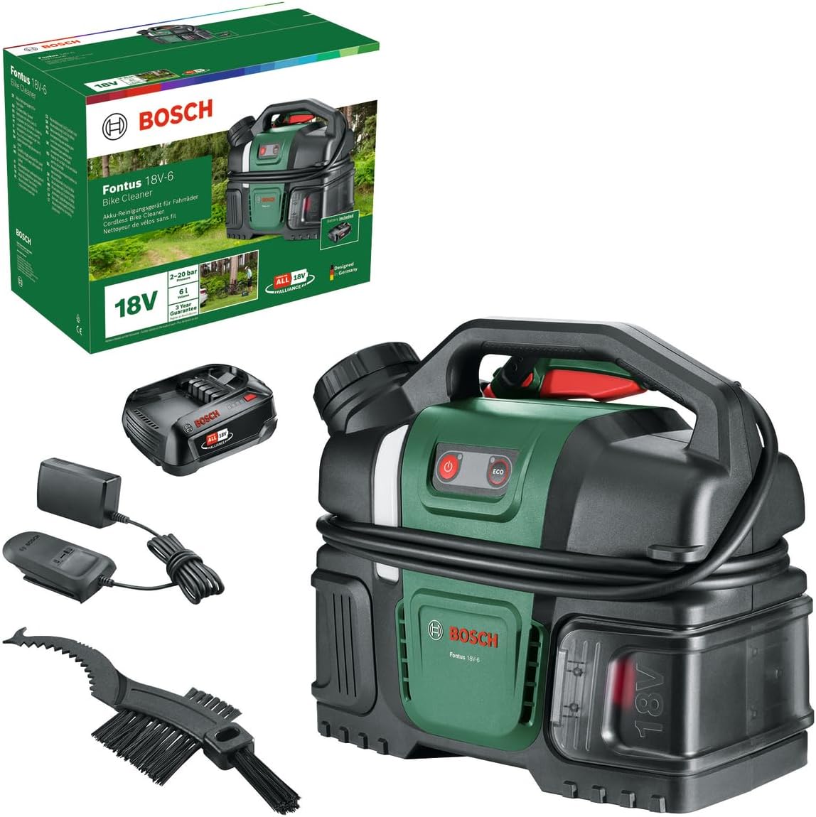 Bosch Akku-Druckreiniger Fontus 18V-6 für Fahrräder (mobil, mini, 6-Liter-Wassertank, 8 Druckstufen, Aufbewahrung für Schlauch und Pistole, inkl. 1 x 2,0 Ah 18V Akku und Ladegerät)
