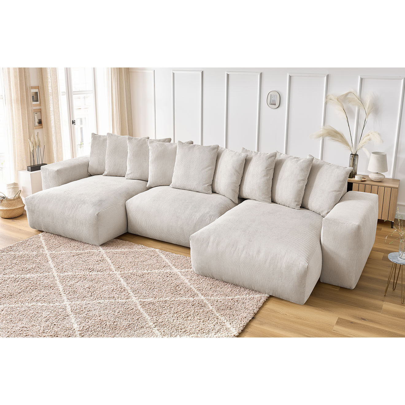 Bobochic Canapé panoramique fixe ultra moelleux voltaire velours côtelé beige - 420x174x75 cm