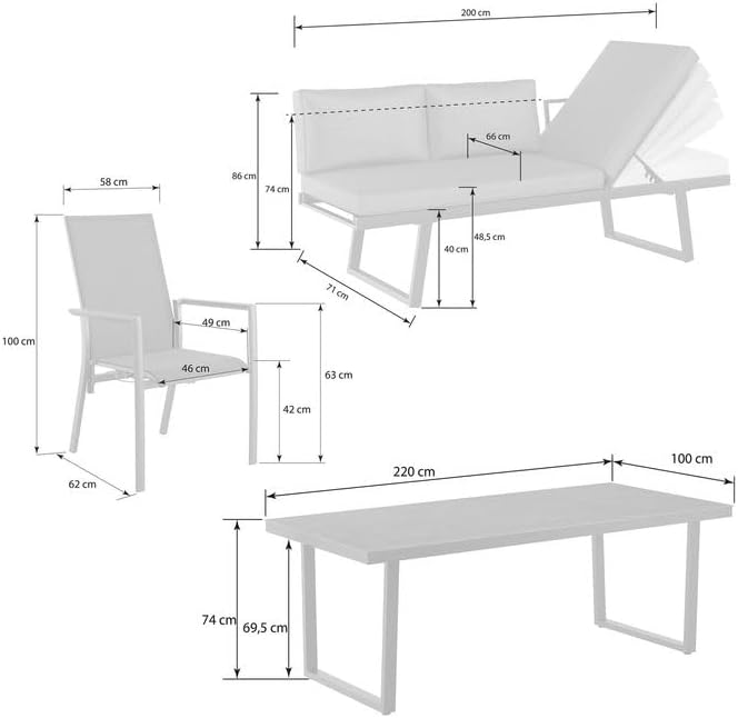OUTLIV. Gartenmöbel Set Lucca L Aluminium 6-Sitzer Diningsofa Hochlehner stufenverstellbar Glaskeramik Tisch 220x100 cm Dunkelgrau wetterfest
