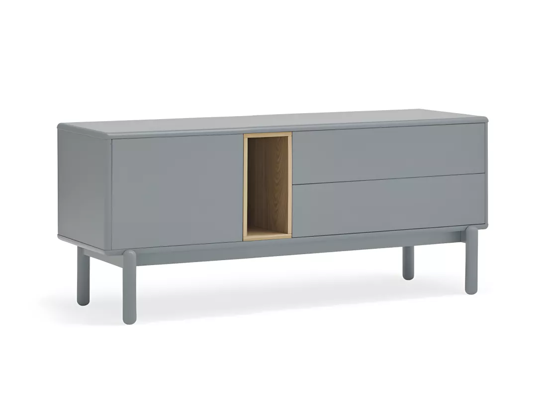 Corvo - Meuble tv 1 porte 1 niche et tiroir en bois L140cm : Couleur - Gris perle