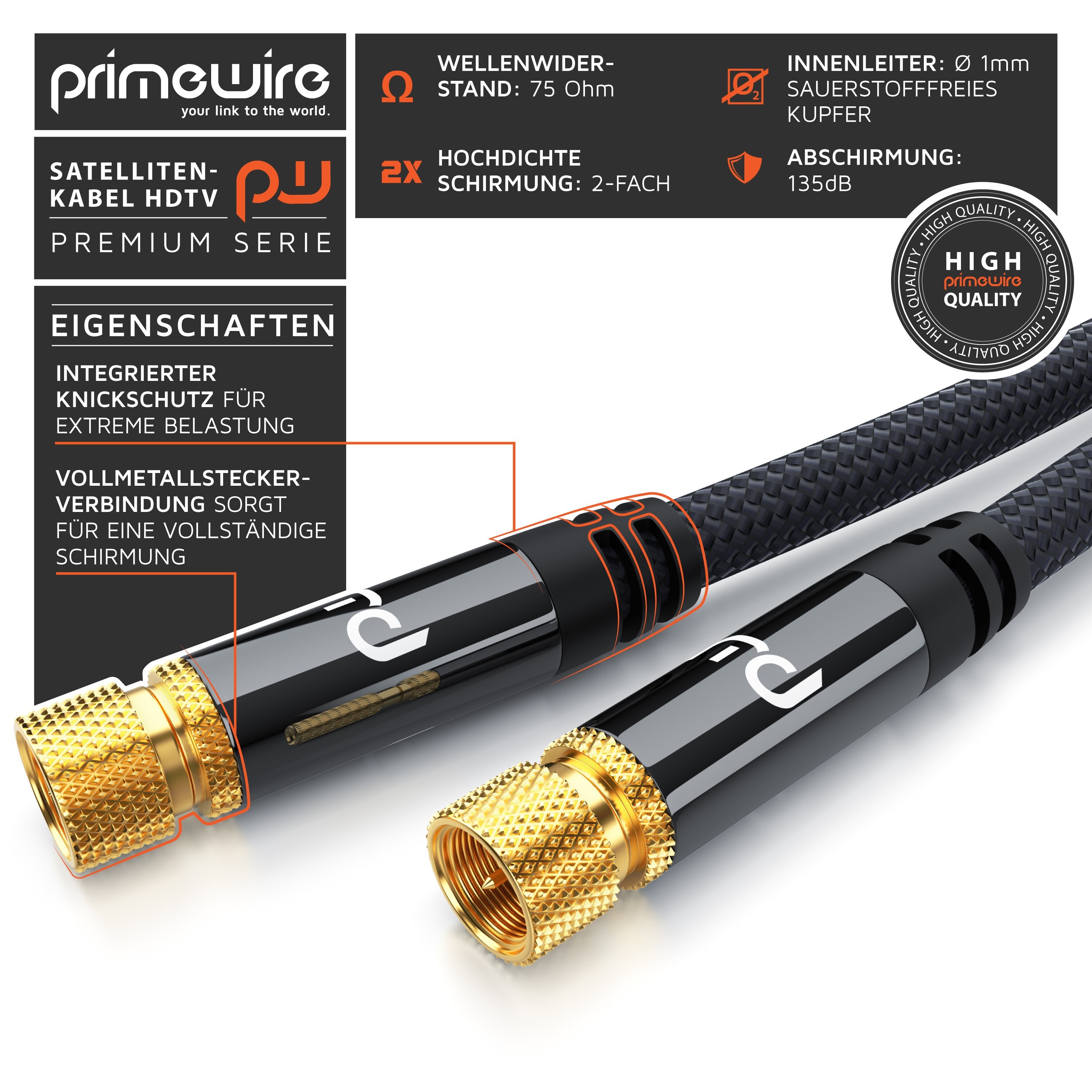 Primewire HDTV Satellitenkabel mit Braiding - 135Db - 75 Ohm - Stoffummantelung - 2 m