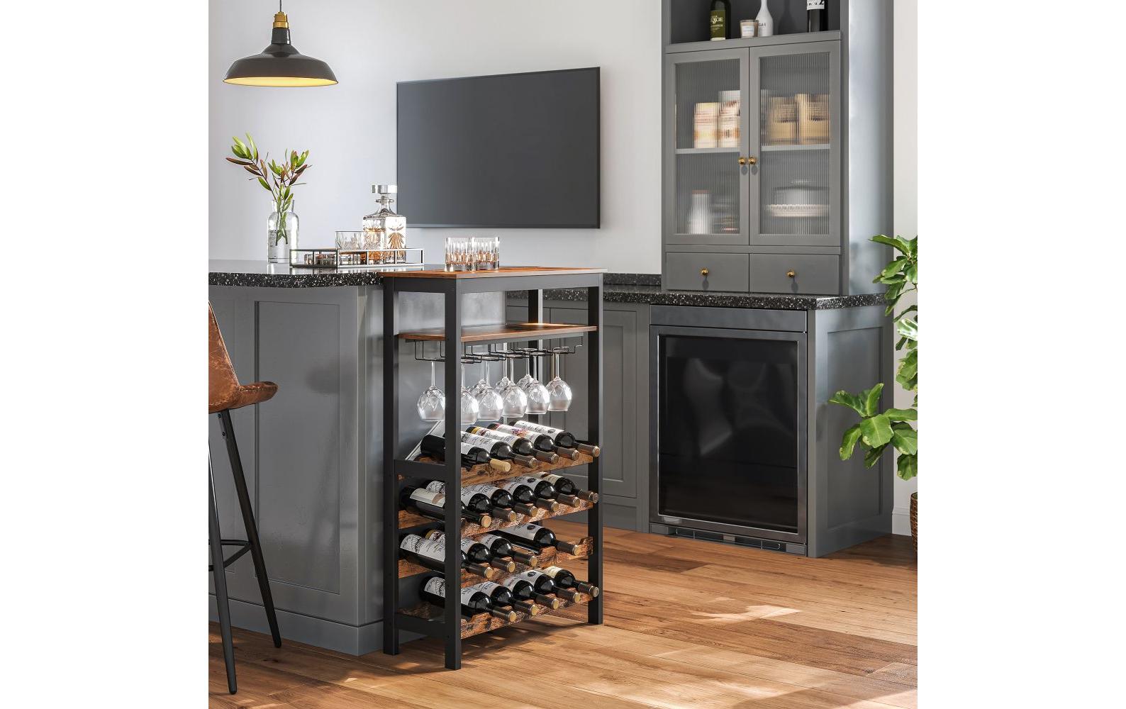 Weinregal für 24 Flaschen, aus BambusholzWeinregal im Industrie-Design mit Glashalter