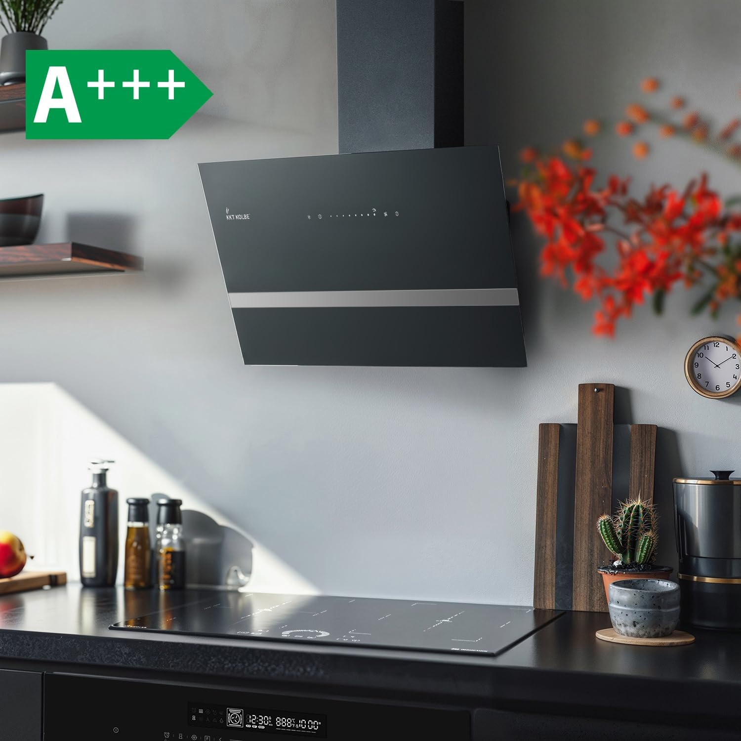 KKT KOLBE Dunstabzugshaube 80 cm | 782 cbm/h Umluft Abluft | Kopffrei | Wandhaube | Schwarz Glas | Smart WiFi App WLAN | RGBW-LED-Beleuchtung | EASY8005SM