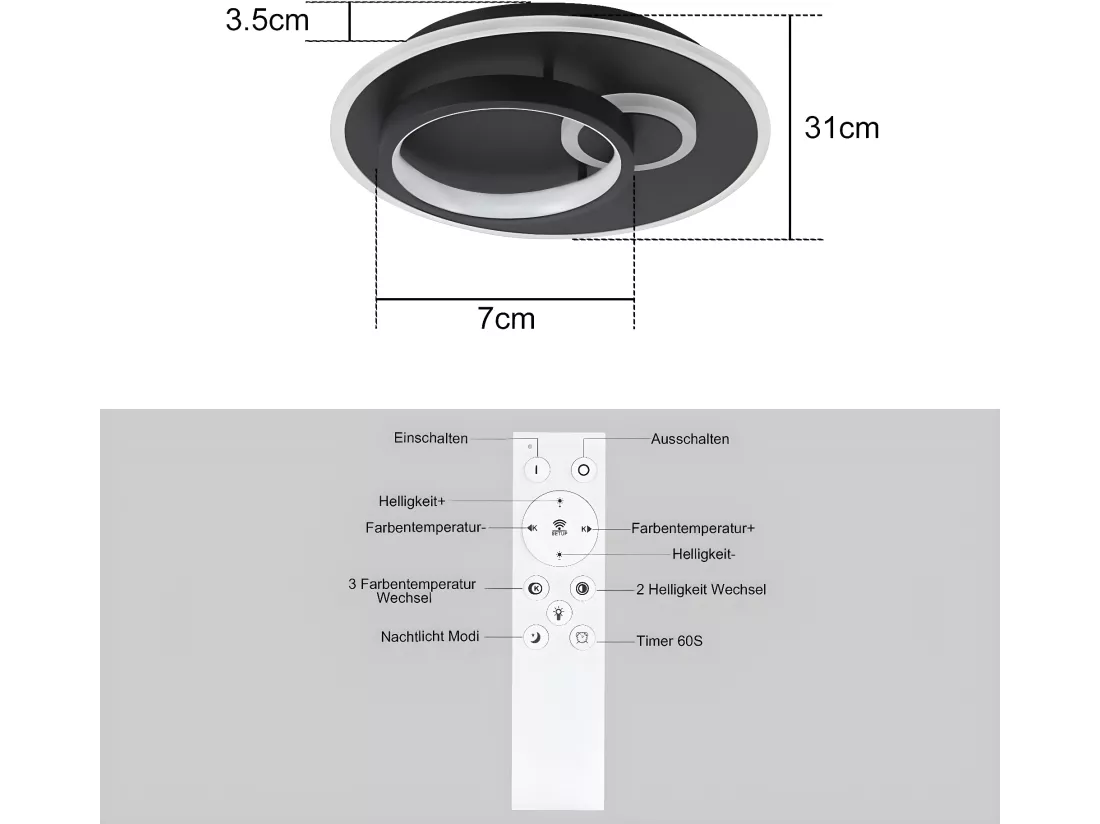 NETTLIFE Plafonnier LED Salon Noir Lampe de Cuisine 33 W Dimmable avec Télécommande Lampe Design Moderne Lampe Ronde pour Chambre Couloir