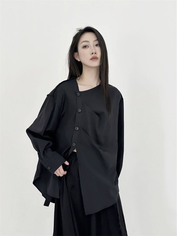 SIMPLE BLACK - Effen asymmetrische blouse