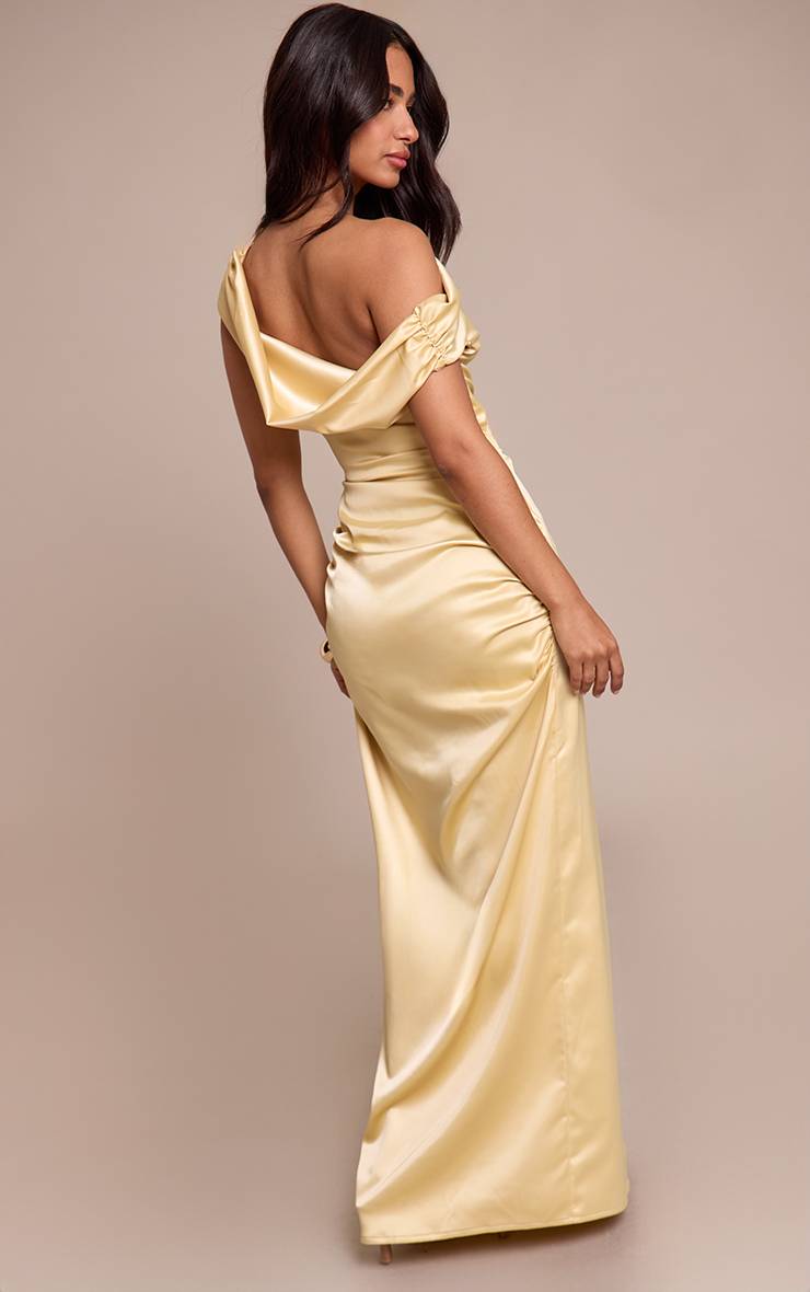 Butter Yellow Robe Longue Satinée Asymétrique Froncée Petite Taille