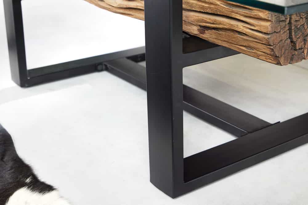 Design Couchtisch BARRACUDA 130cm recyceltes Teakholz Glasplatte schwarz Edelstahl Industrial