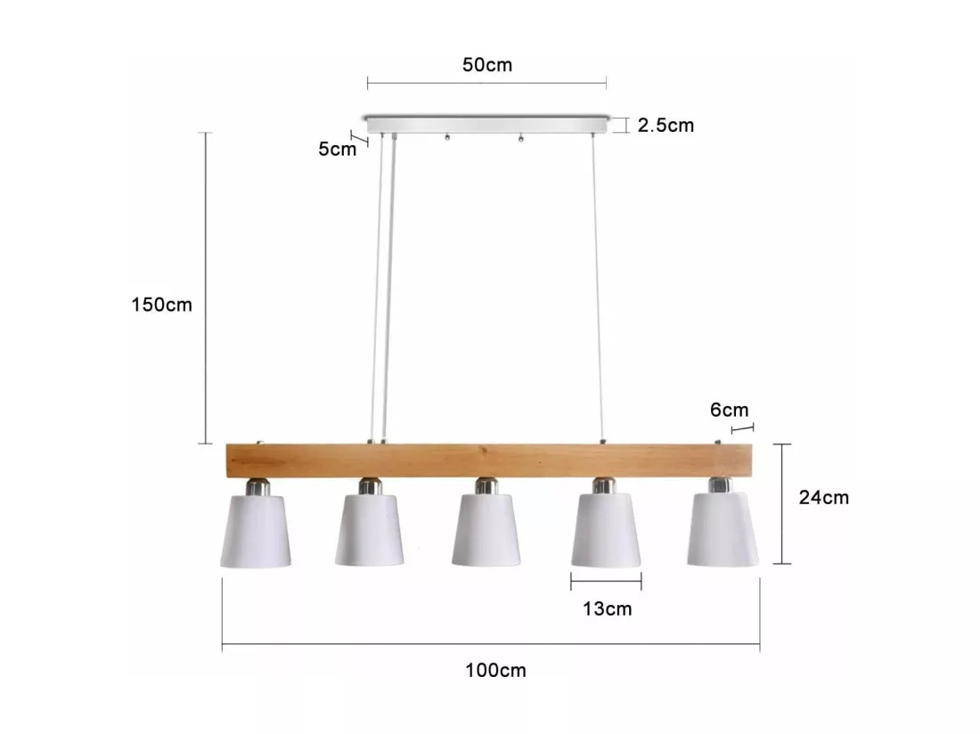 NETTLIFE Suspension 5 ampoules E27 blanc moderne Métal et bois lampe de salle à manger Diam.102cm pour cuisine salon couloir hôtel