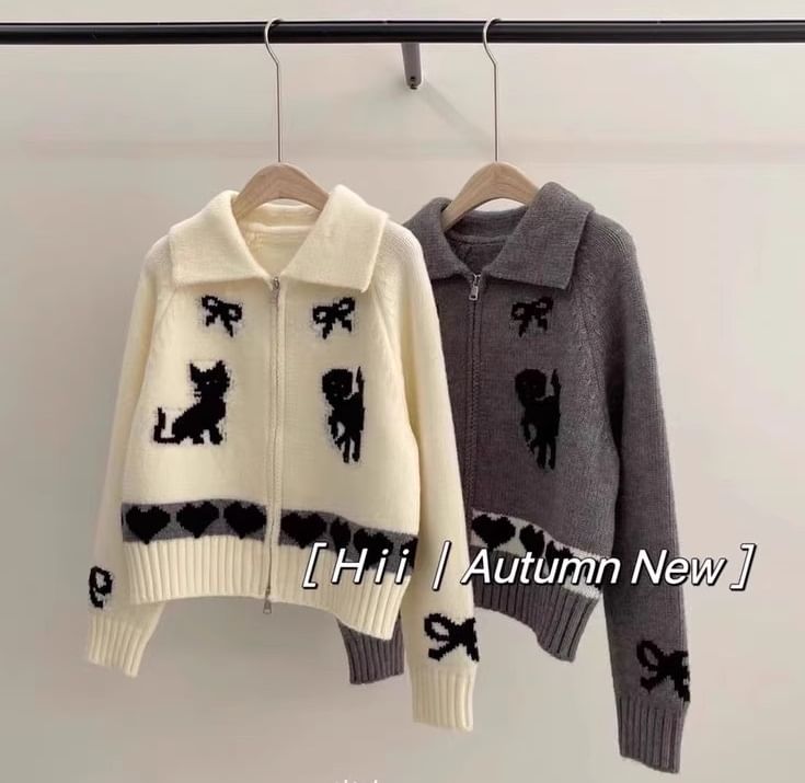 Seoulium - Losvallend vest met lange mouwen, strik en kattenprint en rits