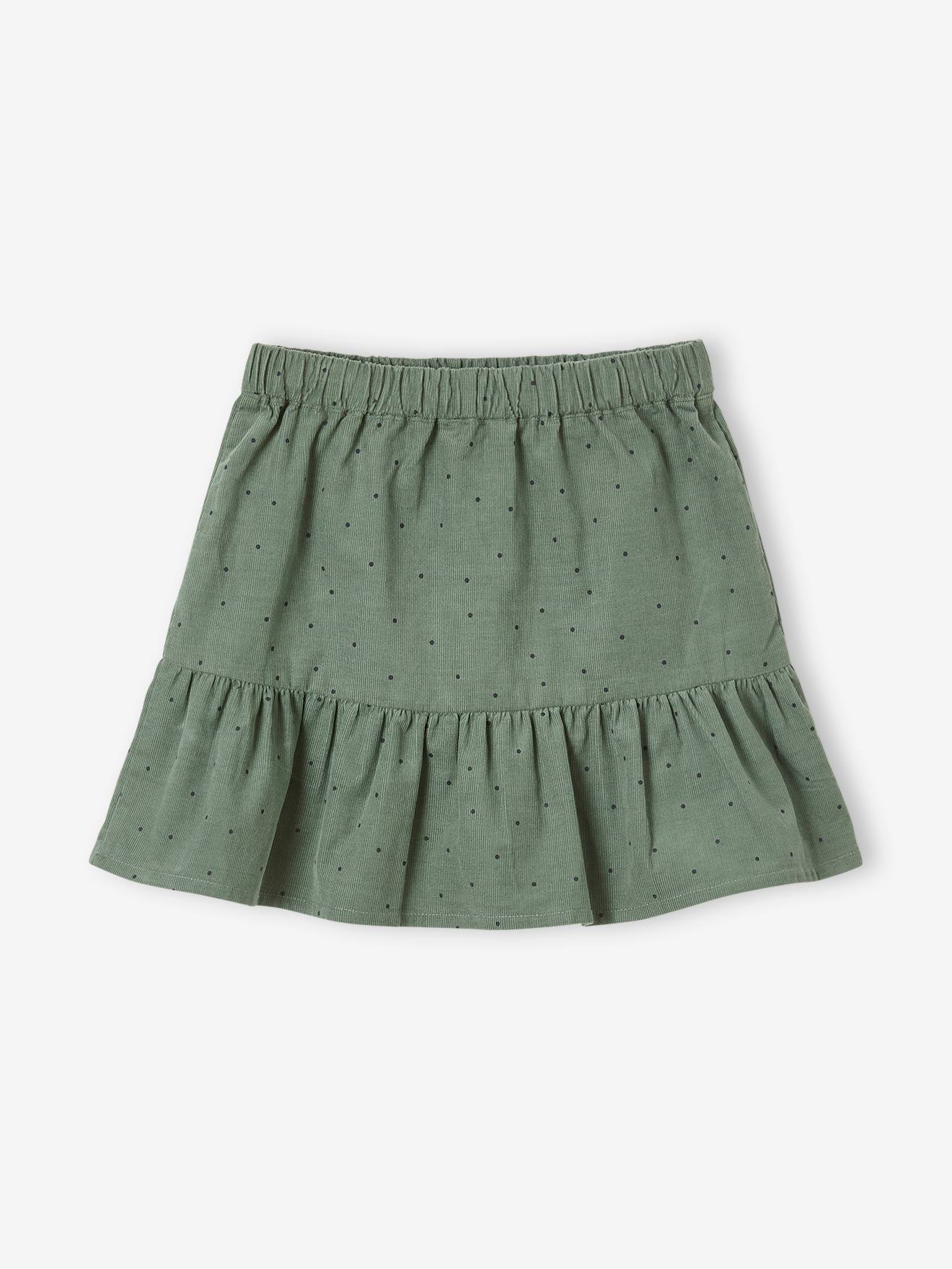 Saia de veludo com babados, estampa verde média, infantil.