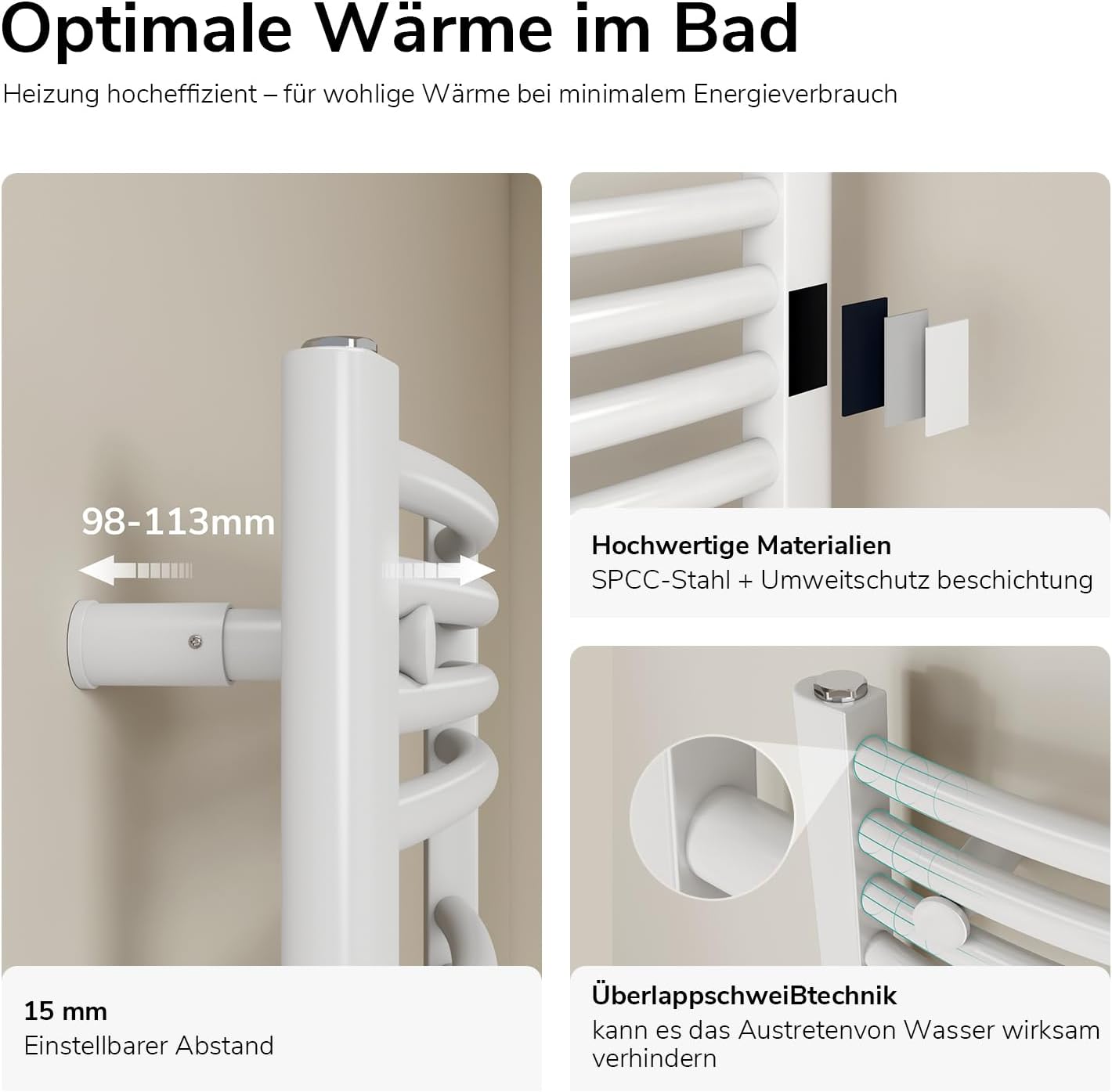 EMKE WiFi Badheizkörper Elektrisch 750x600 mm - Gebogen Handtuchheizkörper Elektrisch, Elektrischer Handtuchwärmer Handtuchtrockner Handtuch Heizkörper Bad mit Thermostat und Heizstab - 300W, Weiß