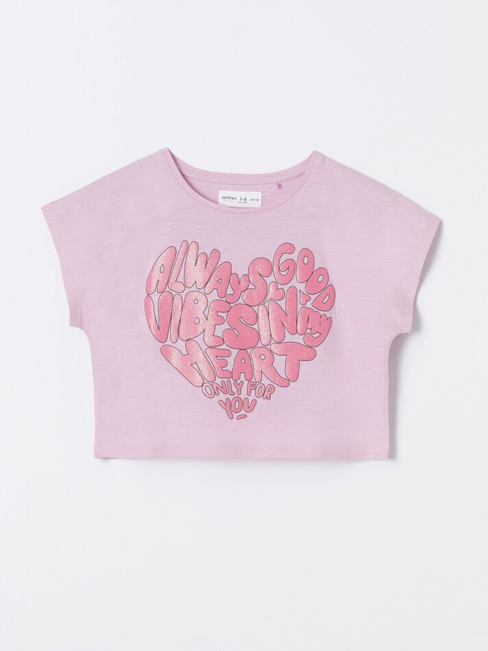 Camiseta cropped estampada - Rosa claro