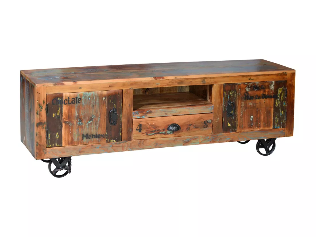 Meuble TV exclusif en bois recyclé multicolore MULTICOLOR.Giner y Colomer.55x40x160