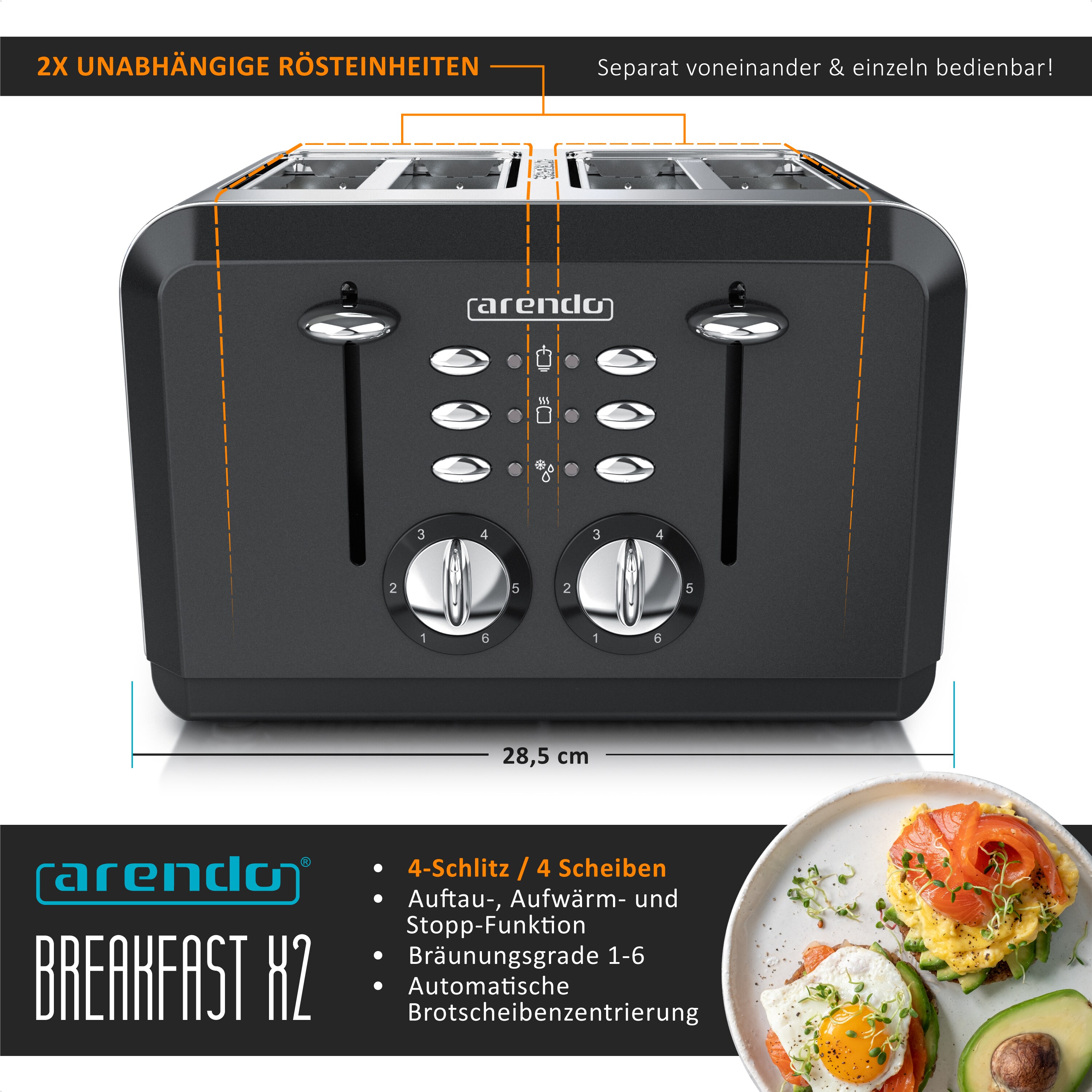 Arendo - Automatik Toaster 4 Scheiben in Edelstahl - bis zu vier Sandwich und Toast-Scheiben - Bräunungsgrad 1-6 - Aufwärm- und Auftaufunktion