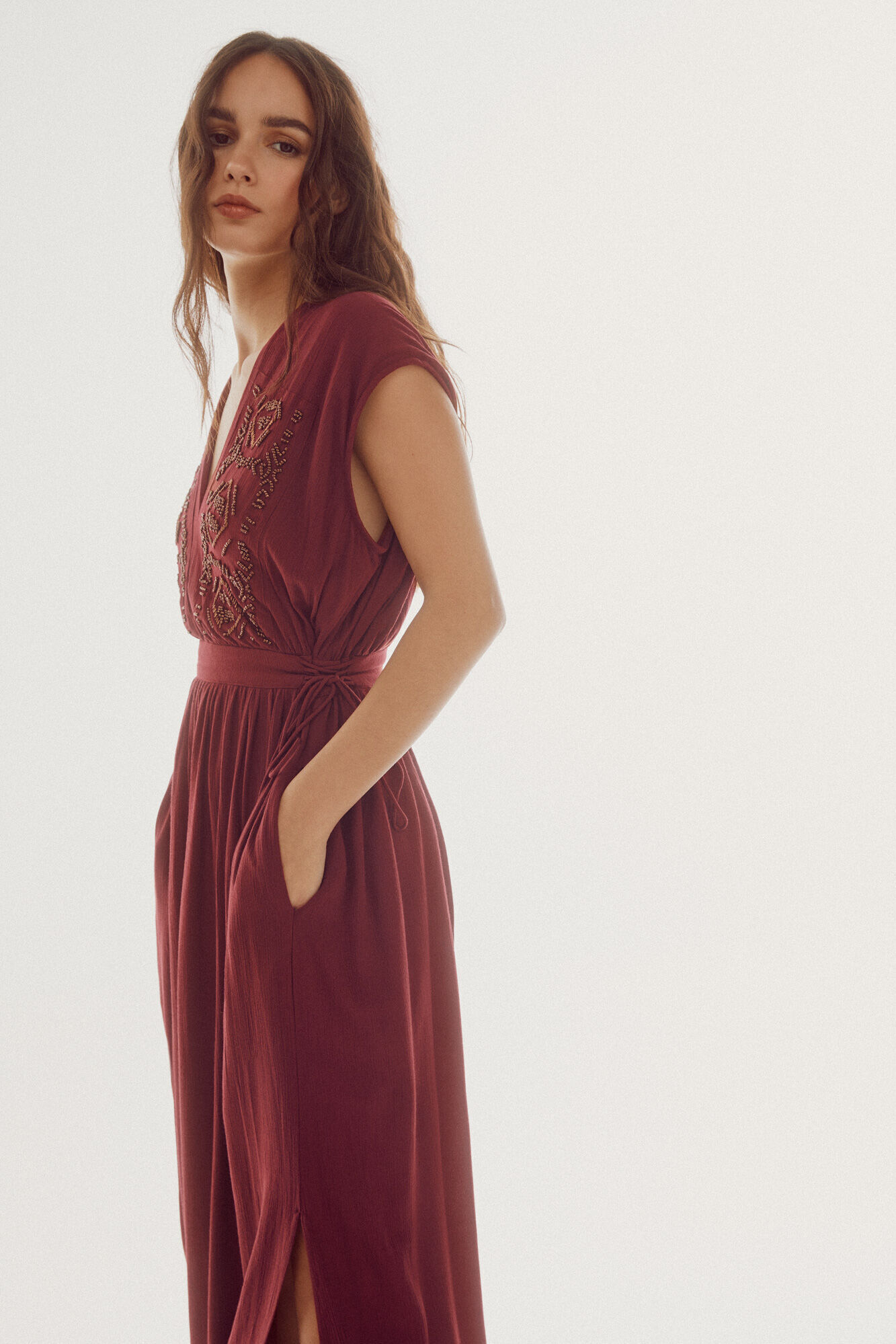 Vestido bordado abalorios - Vinho
