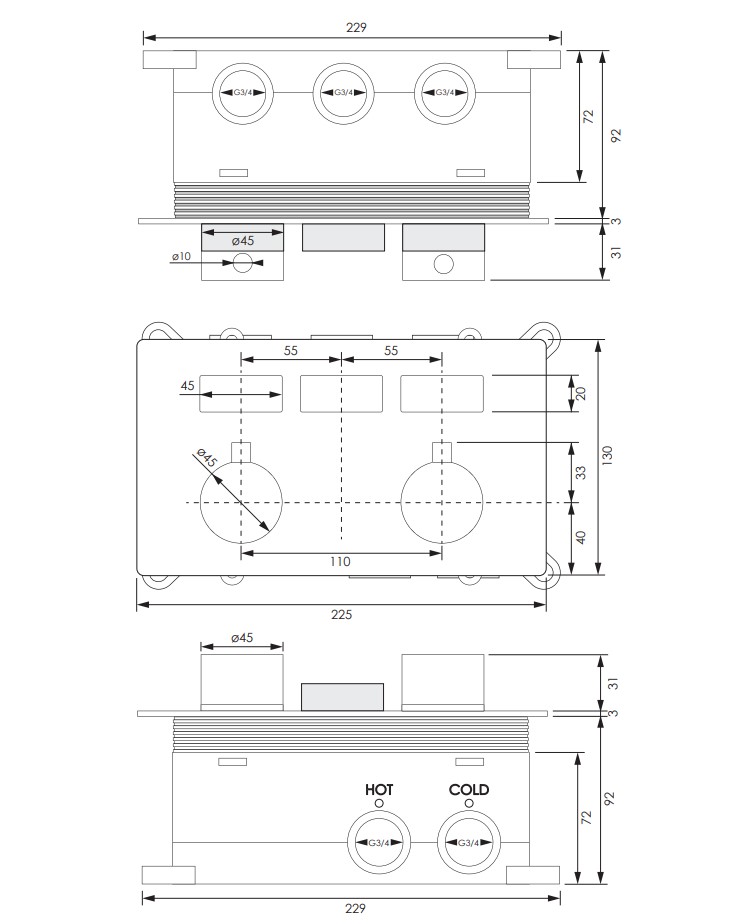 Brauer Black Edition 3-weg inbouwthermostaat met drukknoppen zwart mat