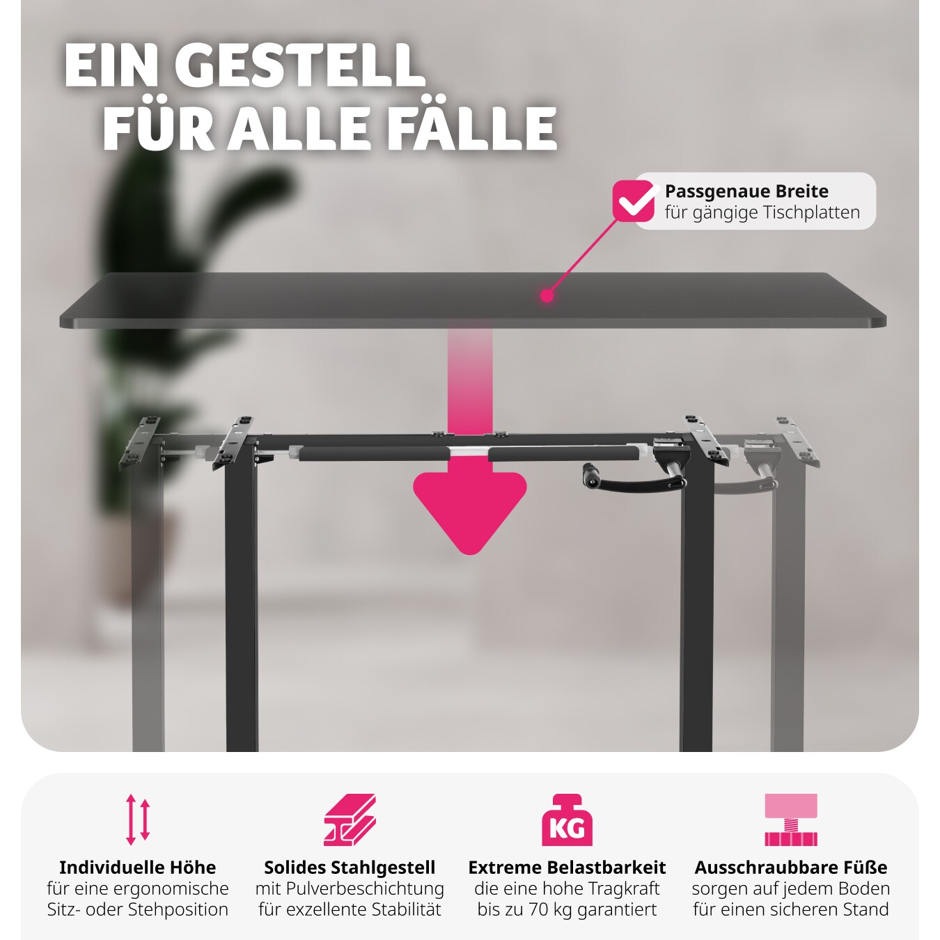 tectake® Tischgestell , stufenlos höhenverstellbar mit Handkurbel, breitenverstellbar, 84 - 129 x 60 x 71 - 121 cm