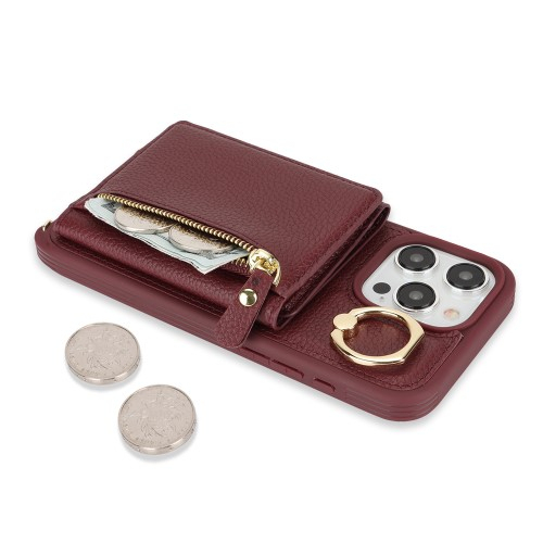 iPhone 15 Pro Max Necklace Leder Hülle mit Münzfach und Kartenfächer   Finger Griff Halterung   Handykette - Weinrot