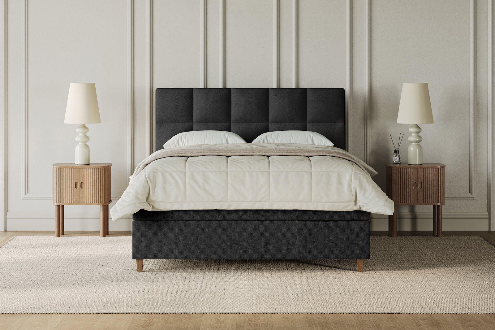 XOV Venus Kontinentalseng 160x200 cm i tekstil Terranova 01 sort, medium/medium med Premium 15 overmadrass og sort firkantede ben, gavl selges separate