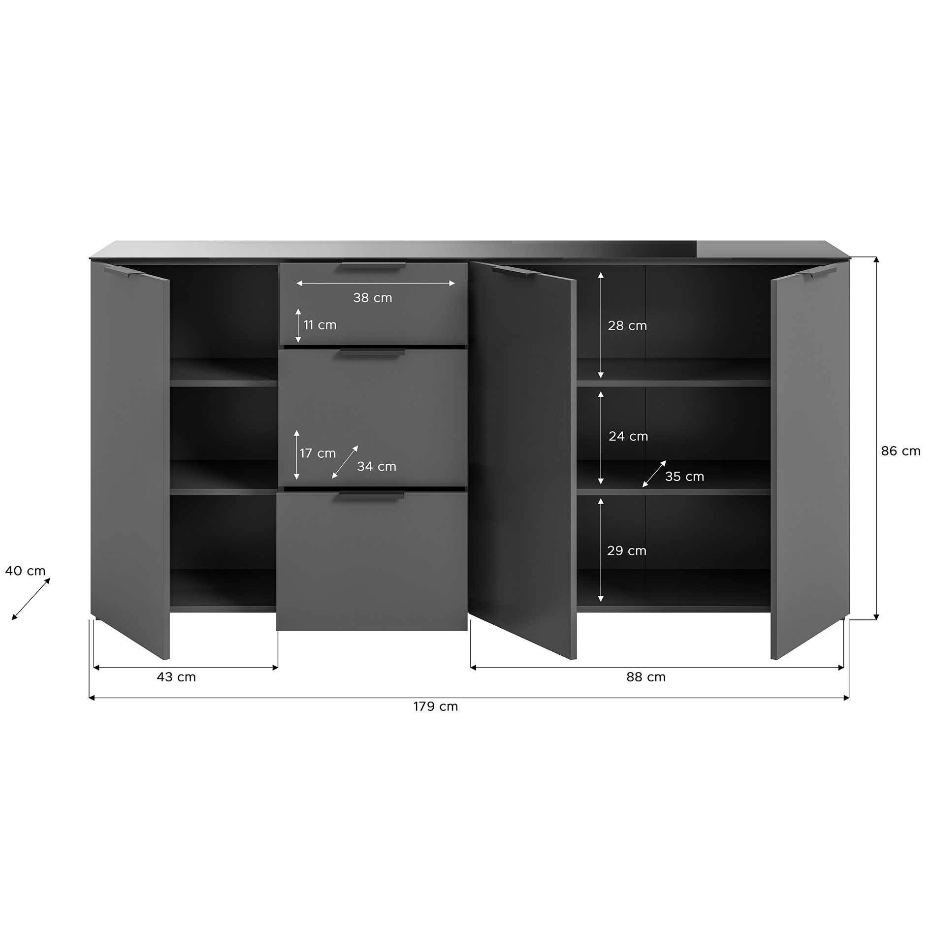 Sideboard RAY - anthrazit - Glasplatte - 179 cm