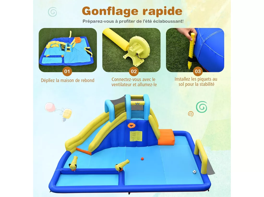 6 en 1 Château Gonflable Aquatique avec Piscine et Toboggan, Maison de Rebond Gonflable avec Panier de Basket, Mur d’Escalade, Pataugeoire pour Enfants de 3 Ans+(avec souffleur 680W)