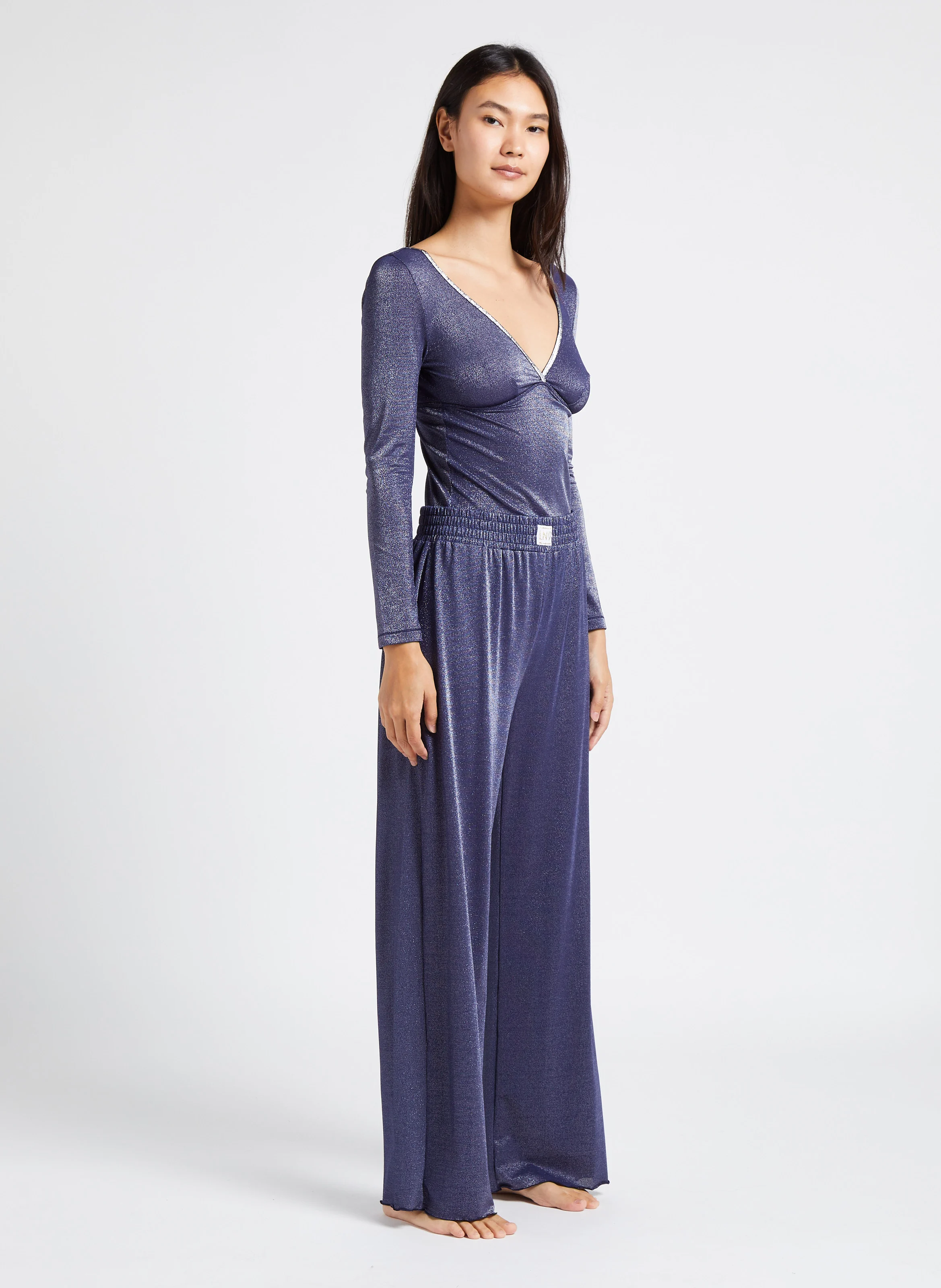 NATI - Pantalon taille haute côtelé | Bleu