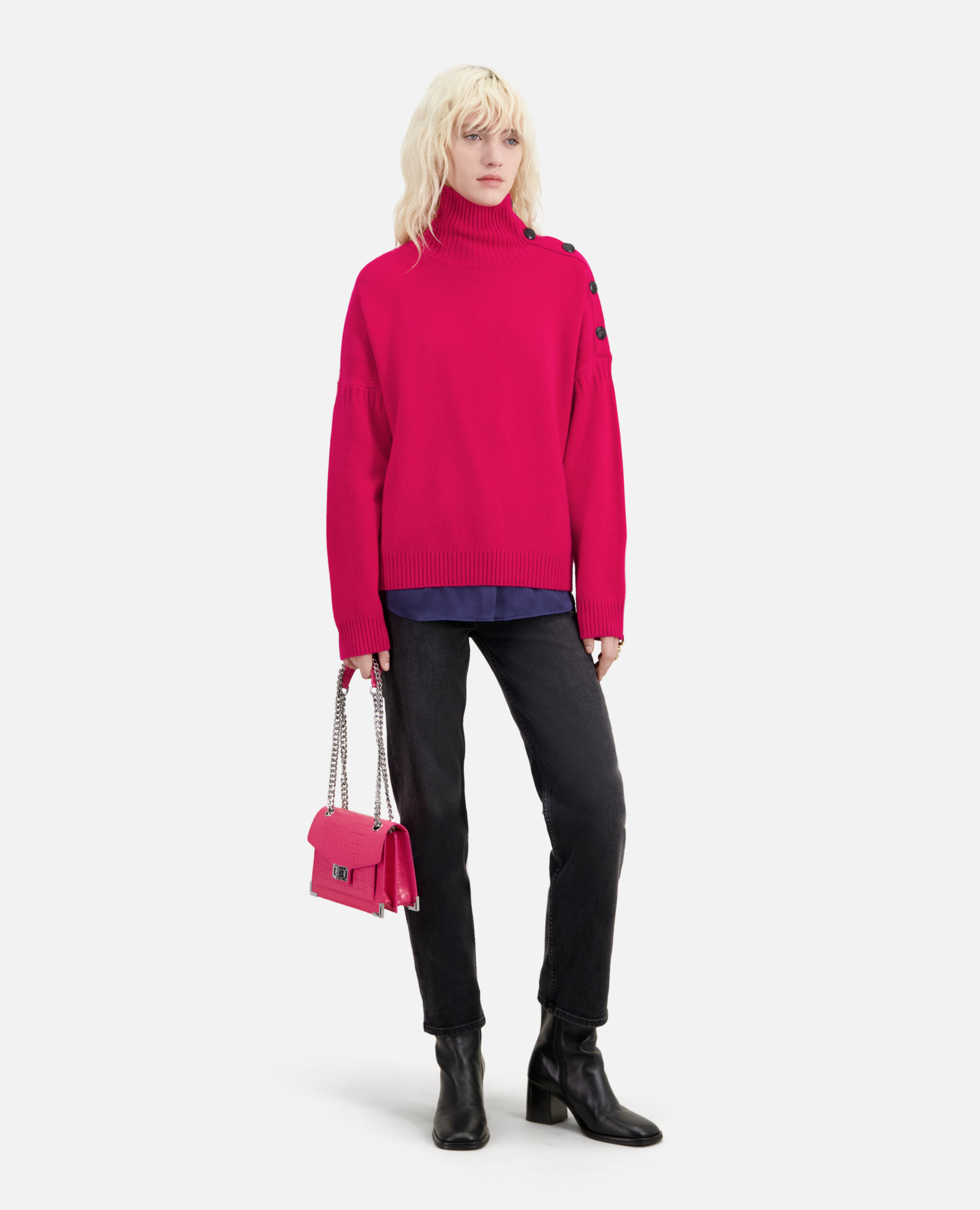 Fuchsia wool and cashmere sweater with buttons
