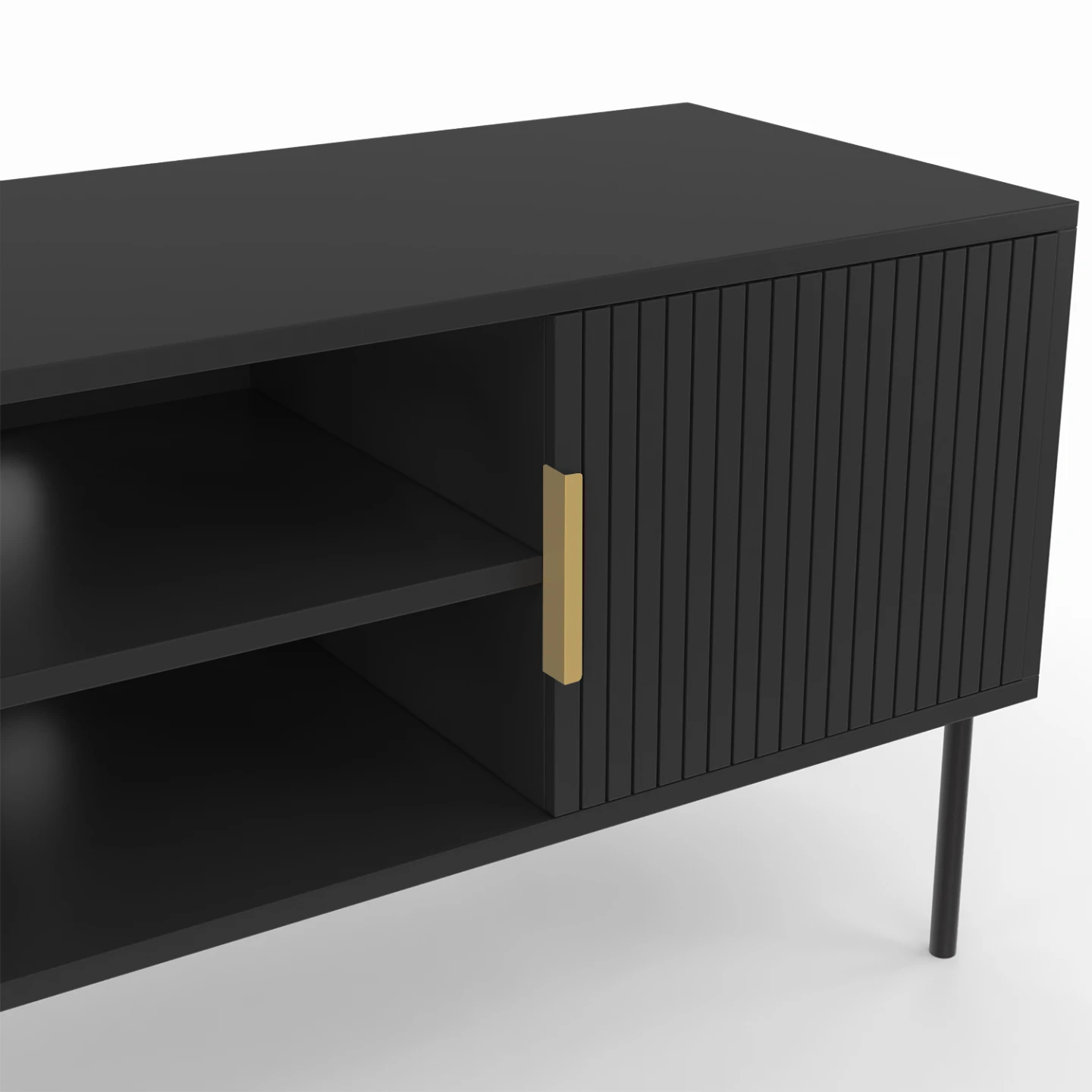 Meuble TV 110 cm MARCEL 2 portes lattes tasseau bois noir