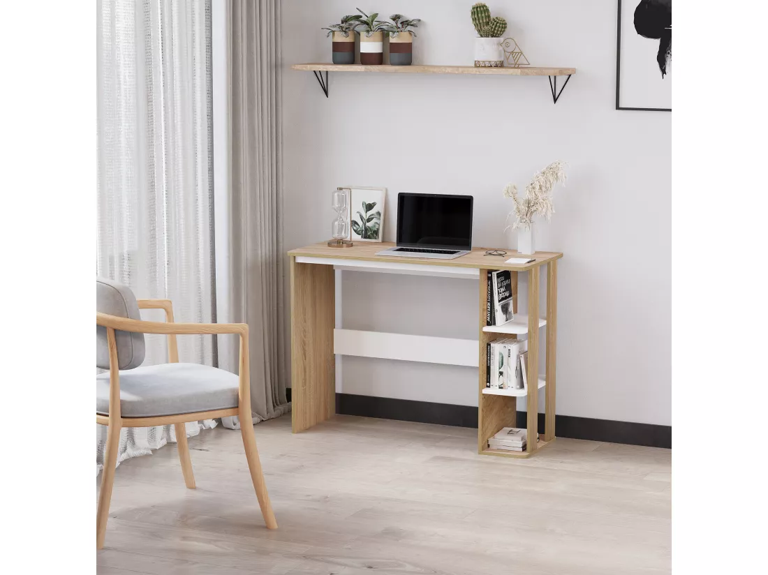 Bureau informatique multimédia dim. 100L x 44l x 74H cm 3 étagères latérales panneaux particules E1 chêne clair blanc