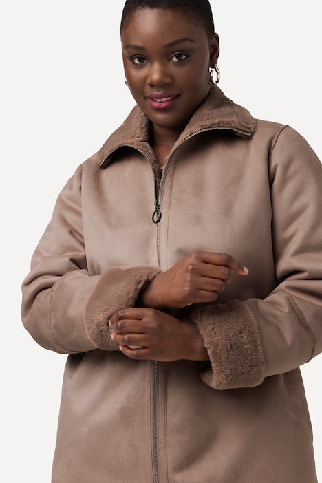 Shearling-Mantel, Pelzoptik, Stehkragen, 2-Wege-Zipper