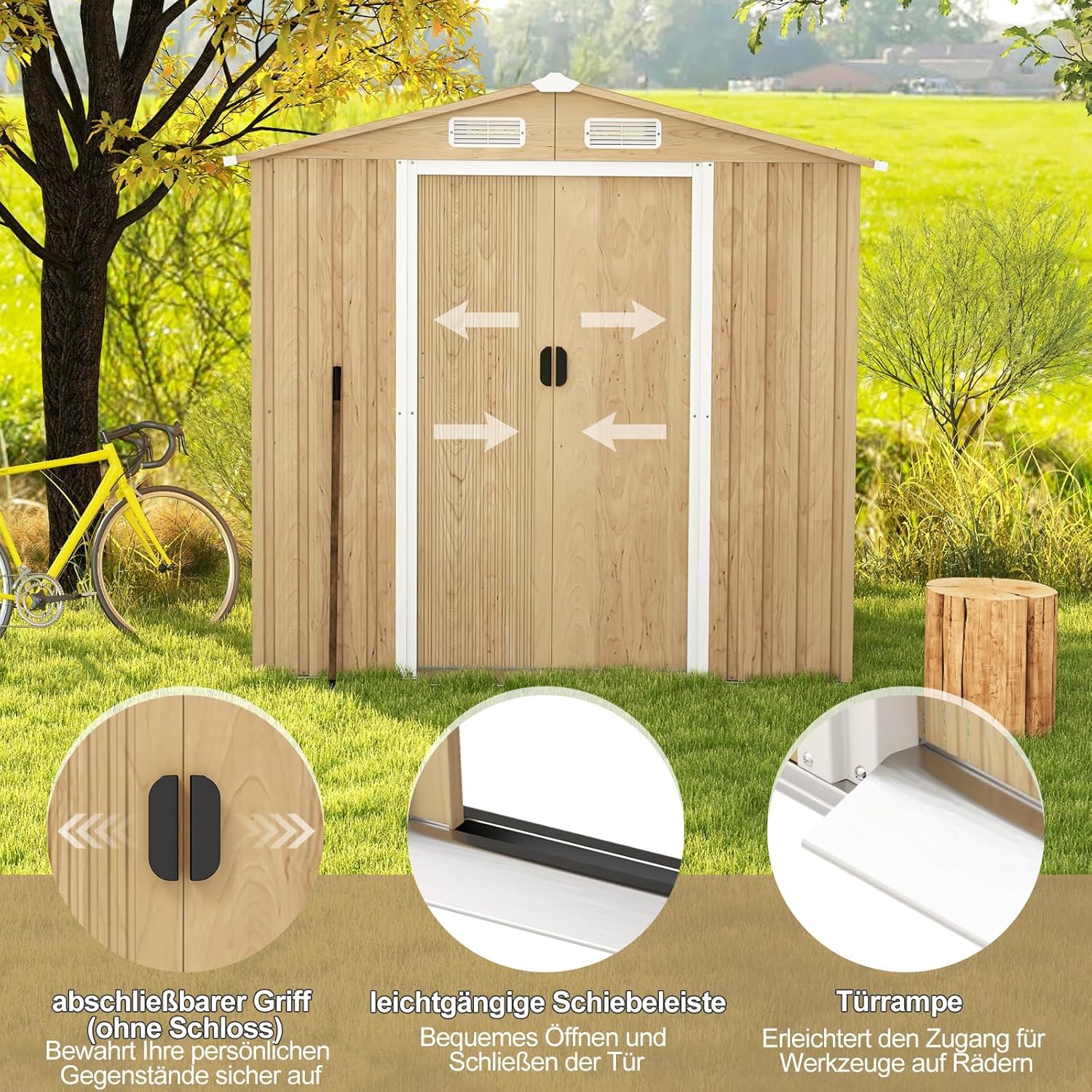 COSTWAY Gerätehaus Metall, Geräteschuppen abschließbar, Gartenhaus mit 4 Luftschlitzen & Schiebetür & Rampe, Garten Schuppen Outdoor, Metallschuppen Geräteschuppen, Natur (196 x 142 x 186 cm)