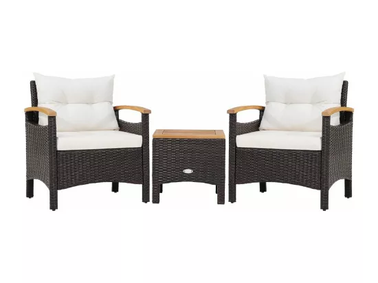 Salon de Jardin en Rotin et fibre naturelle - 3 Pièces - Table Basse et 2 Fauteuils avec Coussin Amovible - Accoudoirs en Bois d’Acacia