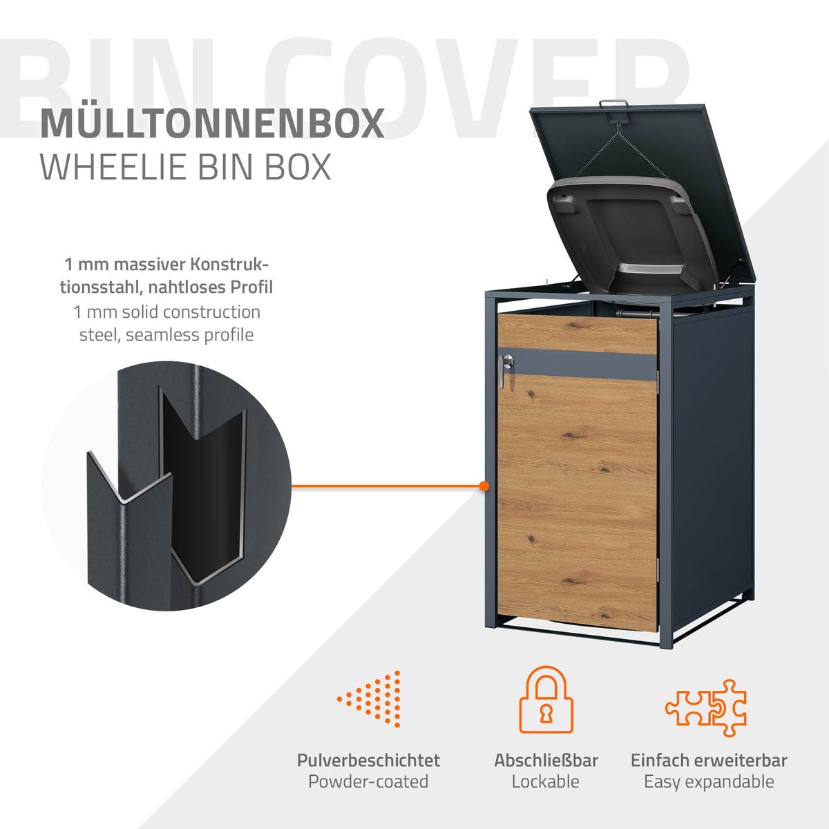 ML-Design Enkele Bak Opbergkast voor 1 Bak (240L) 68x80x116,3cm Antraciet Eiken Look, Staal, Weerbestendig, Afsluitbare Bakdeksel met Scharnierend Deksel/Deur, Bakbox, Bakcontainer, Bakdeksel