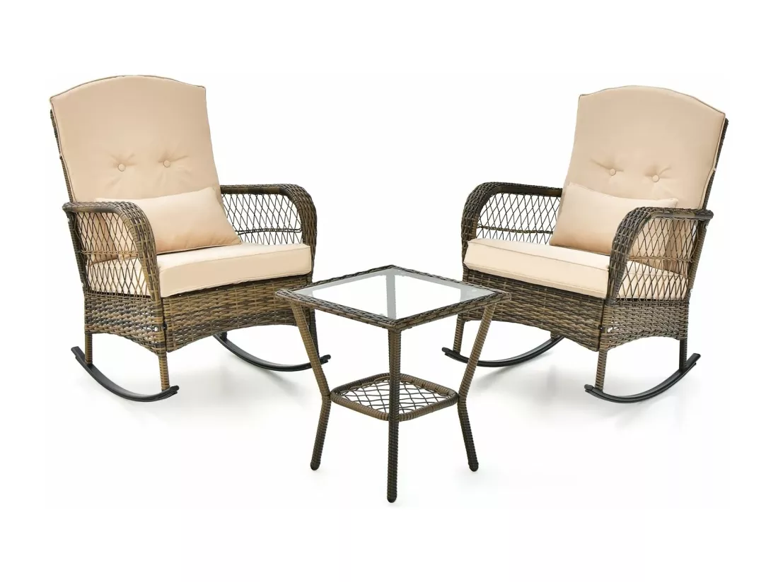 Salon de Jardin Extérieur 2 Places, 2 Chaises à Bascule en Rotin et fibre naturelle PE et Table d'Appoint en Verre Trempé, Coussins Inclus, Ensemble Table et Chaises de Jardin pour Balcon, Terrasse, Patio