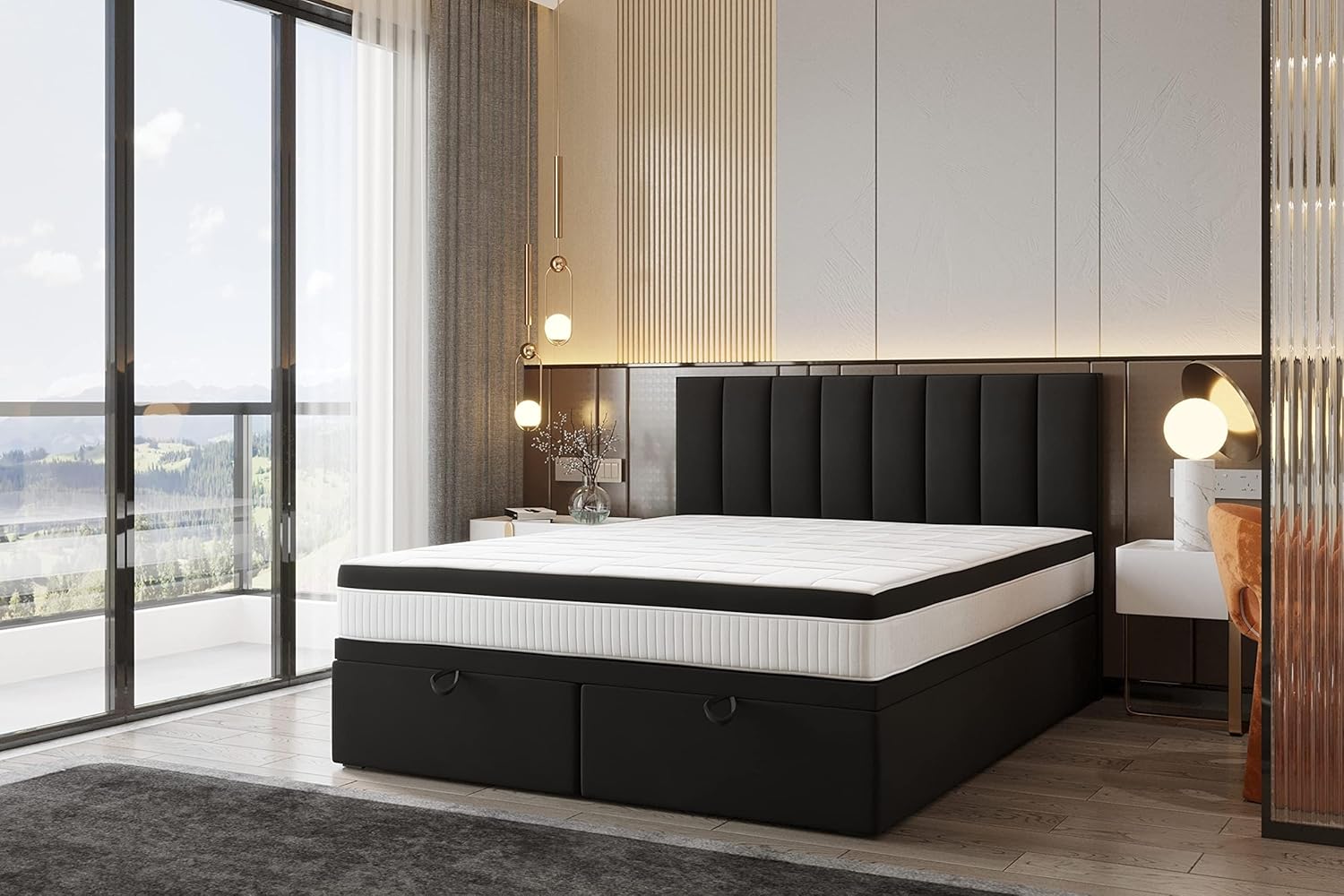 TRADA Boxspringbett Bond - Bett mit Matratze und Bettkasten - Boxspringbett mit gestepptes Kopfteil - Double Bed fur Schlafzimmer - Schwarz - 160 x 200 cm