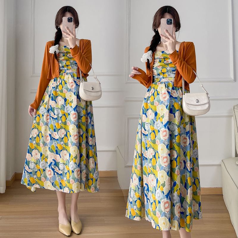 NEUF - Zwangerschapsjurk met spaghettibandjes en bloemenprint, midi-A-lijn / effen vest / set