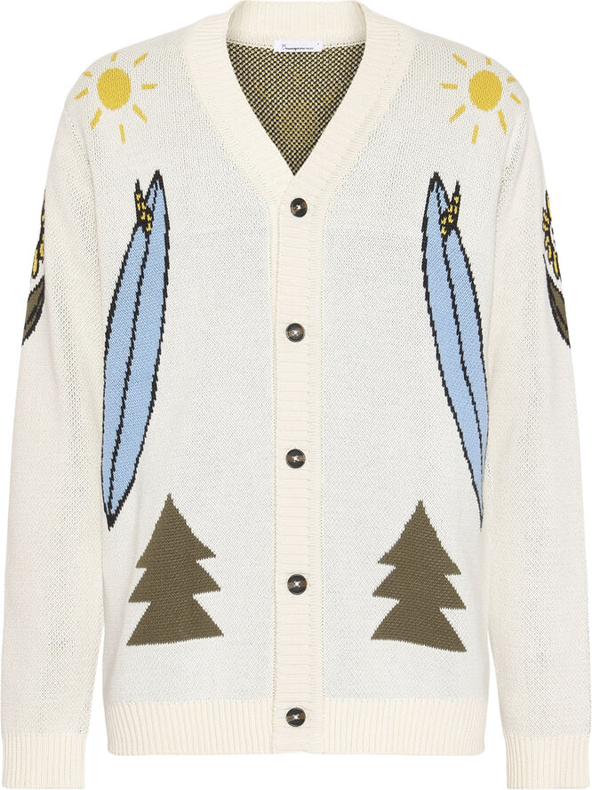 Knowledge Cotton Apparel Jacquard Trees Yes Please V-neck cotton knit cardigan - GOTS Egret