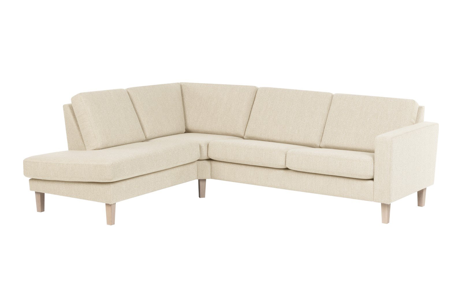 Slogen hjørnesofa Oppsett AV. 2,5-seter med åpen ende venstre. Tekstil Viva Marble med standard ryggpute. Vange B og hvitpigmentert ben 178.